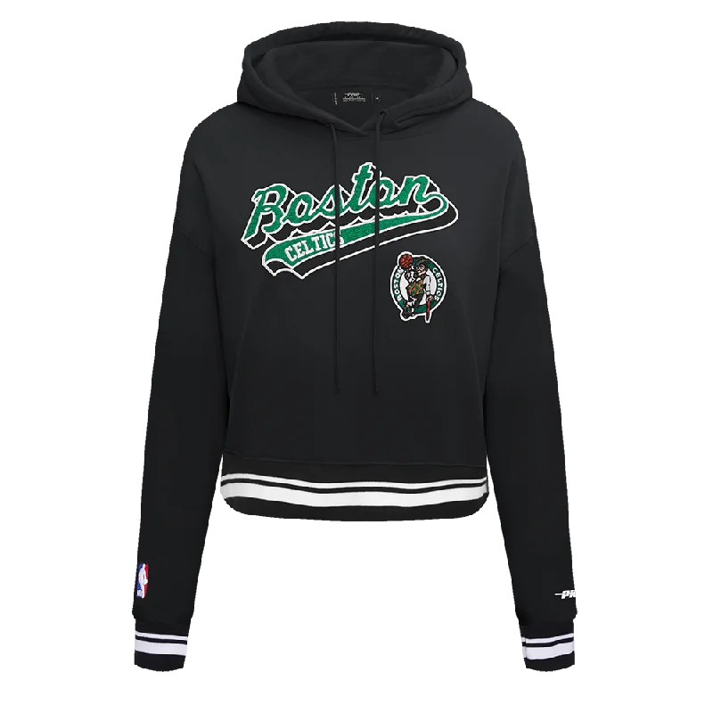 NBA BOSTON CELTICS SCRIPT TAIL WOMEN'S RIB FLC CROPPED PO HOODIE (BLACK)