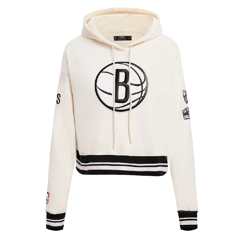 NBA BROOKLYN NETS RETRO CLASSIC WOMEN'S CROPPED PO HOODIE (EGGSHELL/ BLACK)