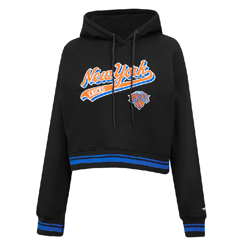 NBA NEW YORK KNICKS SCRIPT TAIL WOMEN'S RIB FLC CROPPED PO HOODIE (BLACK/ROYAL BLUE/BLACK)