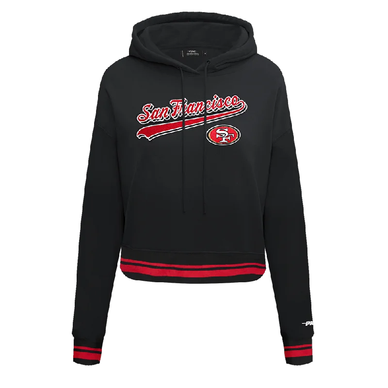 NFL SAN FRANCISCO 49ERS SCRIPT TAIL WOMEN'S RIB FLC CROPPED PO HOODIE (BLACK/RED/BLACK)