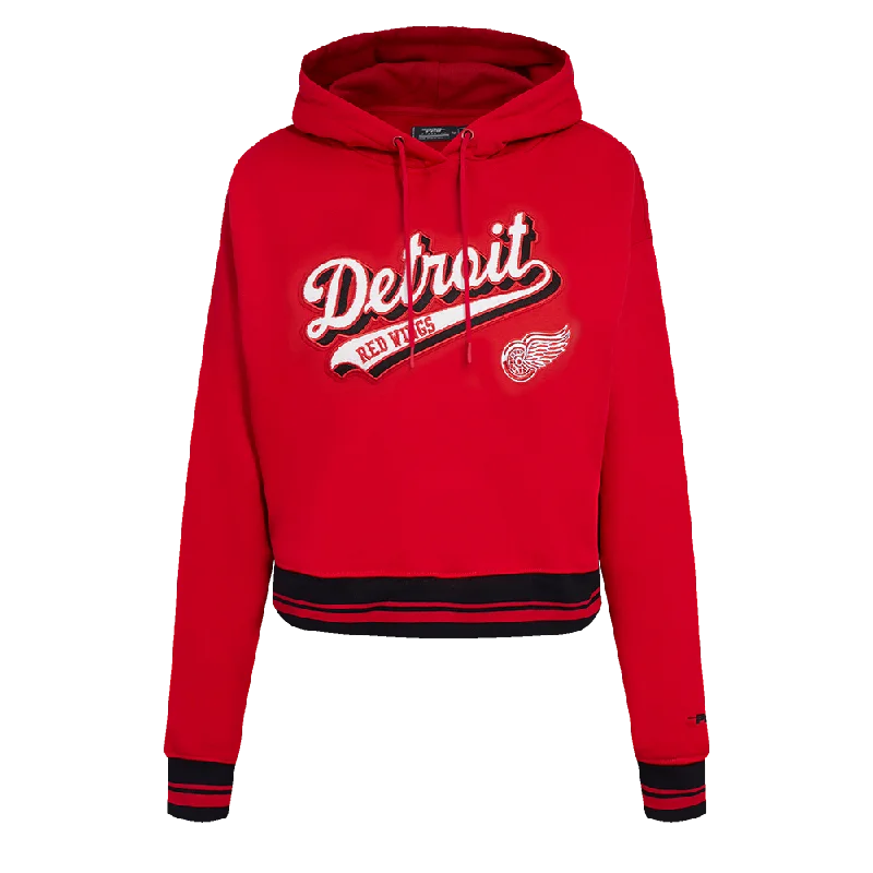 NHL DETROIT RED WINGS SCRIPT TAIL WOMEN'S RIB FLC CROPPED PO HOODIE (RED/BLACK)