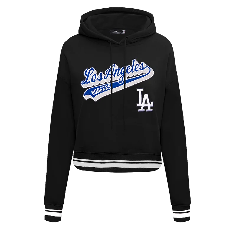 MLB LOS ANGELES DODGERS SCRIPT TAIL WOMEN'S RIB FLC CROPPED PO HOODIE (BLACK/DODGER BLUE)