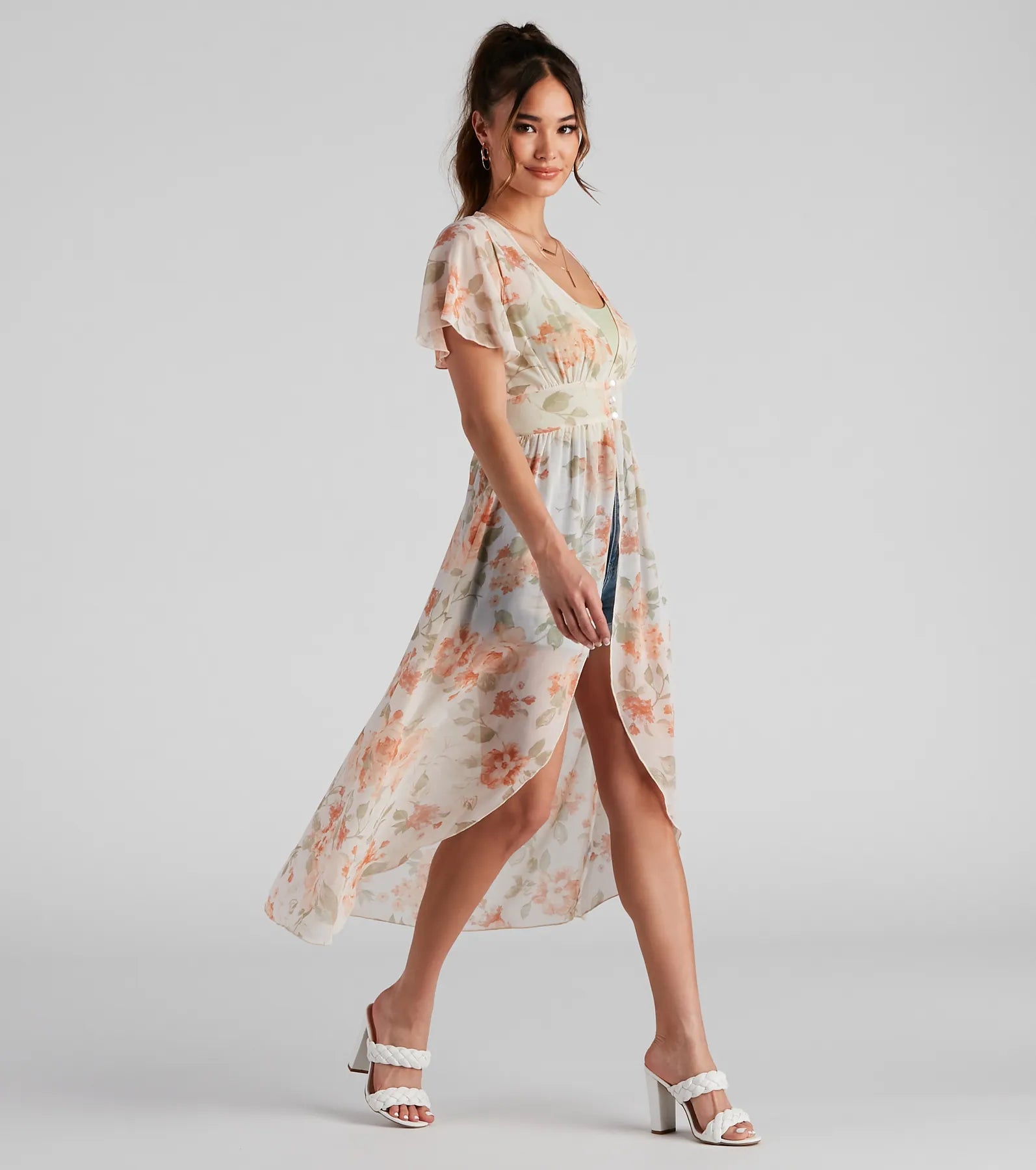 Breezy Flutter Sleeve Floral Duster