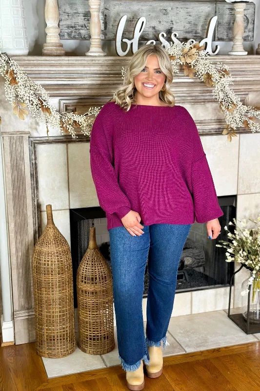 Burgundy Boat Neck Chunky Long Sleeve Sweater