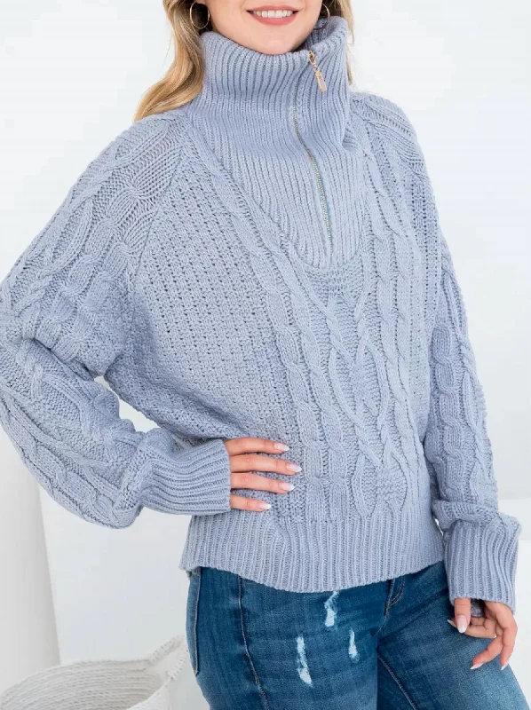 Oversized Cable-Knit Half-Zip Sweater In Slate Grey