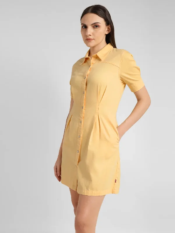 Women's Solid Yellow Spread Collar Dress