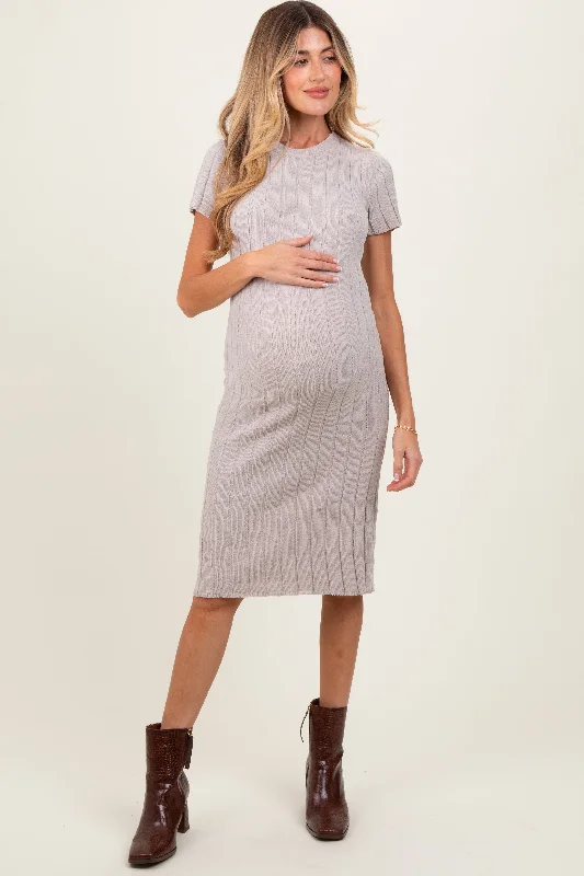 Beige Chenille Knit Short Sleeve Maternity Sweater Dress