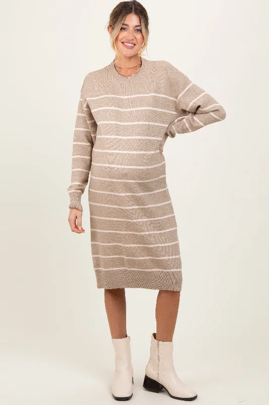 Beige Striped Maternity Midi Sweater Dress