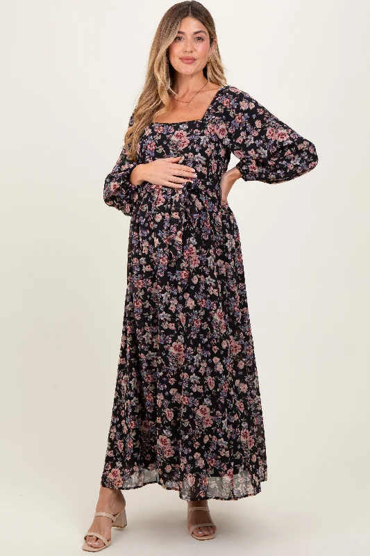 Black Floral Square Neck Front Tie Maternity Midi Dress