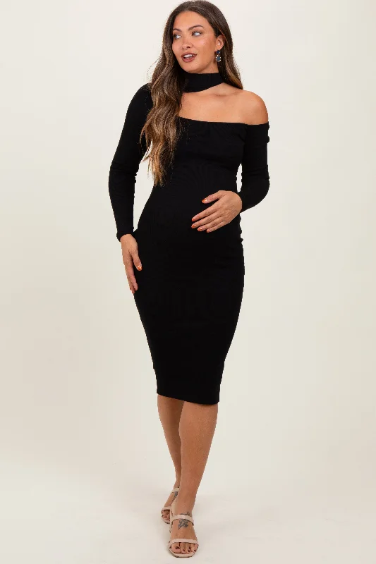 Black Mock Neck Cutout Maternity Fitted Midi Dress