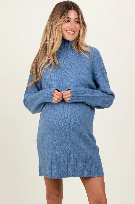 Blue Chunky Knit Turtleneck Maternity Mini Sweater Dress