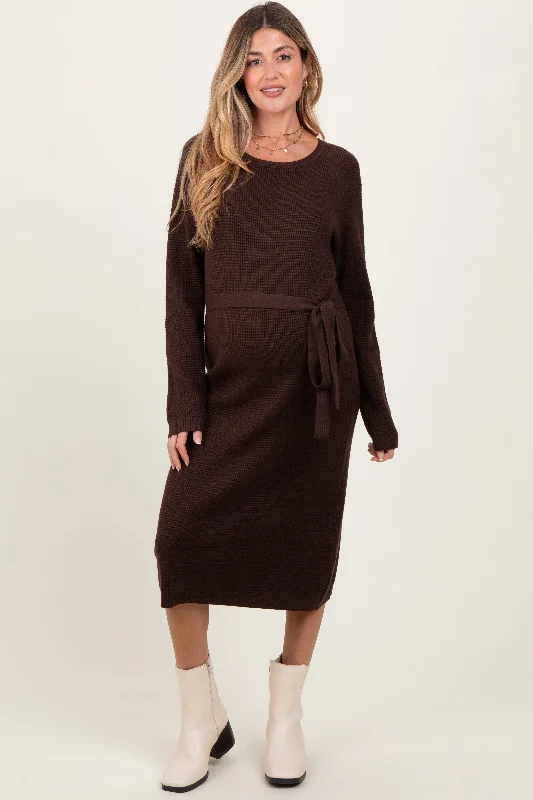 Brown Waffle Knit Sash Tie Maternity Midi Sweater Dress