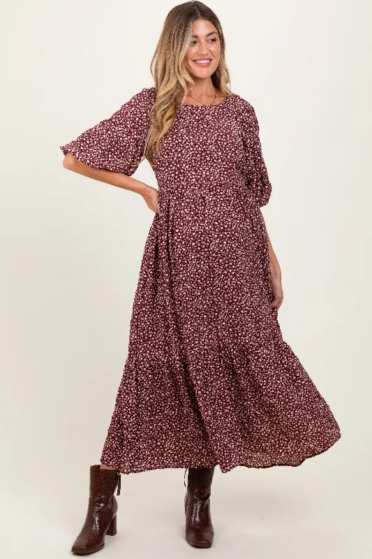 Burgundy Floral Puffed Short Sleeve Maternity Maxi Dress