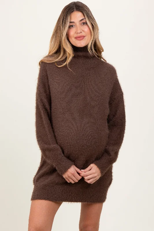 Cream Fuzzy Knit Turtleneck Maternity Sweater Mini Dress