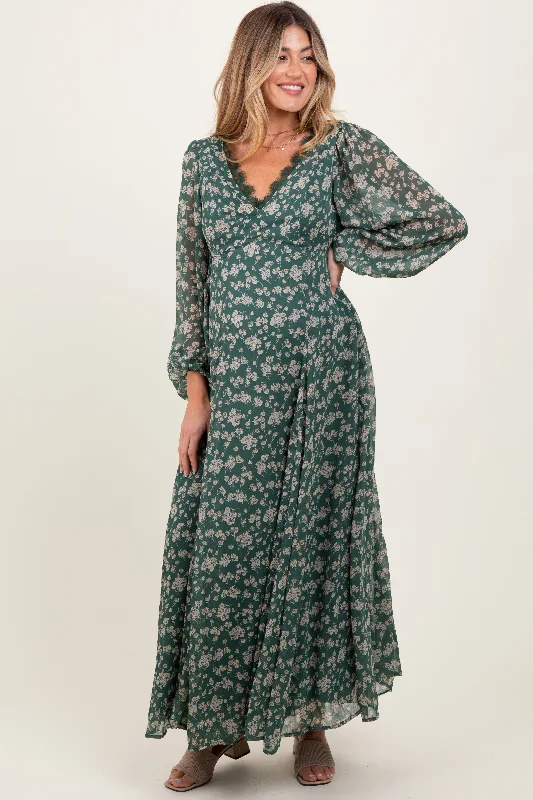 Green Floral Chiffon Lace Trim Back Tie Maternity Maxi Dress