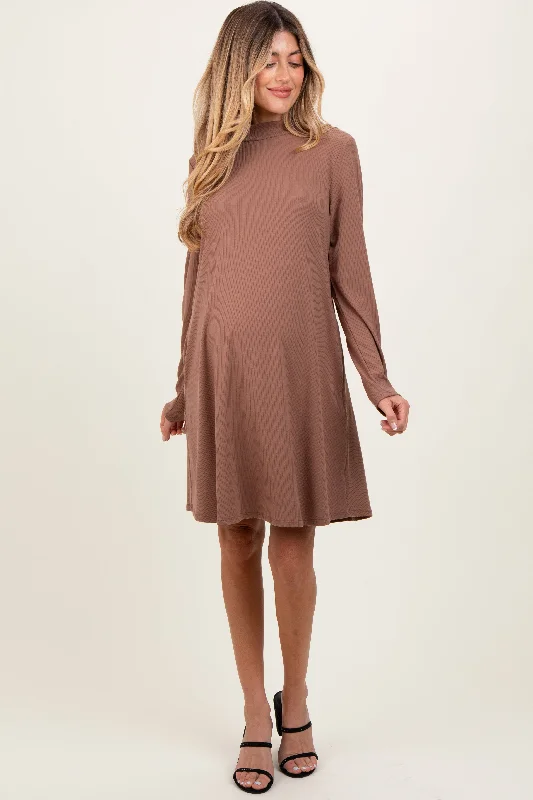 Mocha Ribbed Mock Neck Long Sleeve Basic Maternity Dress