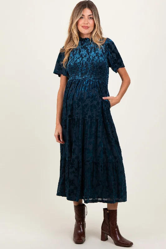 Navy Floral Velvet Print Smocked Maternity Midi Dress