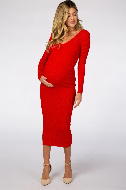 Red V-Neck Long Sleeve Fitted Maternity Maxi Dress