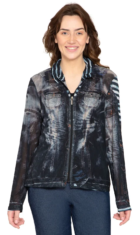 Women's Mesh Denim Look Printed Zip Front Jacket With Rhinestones