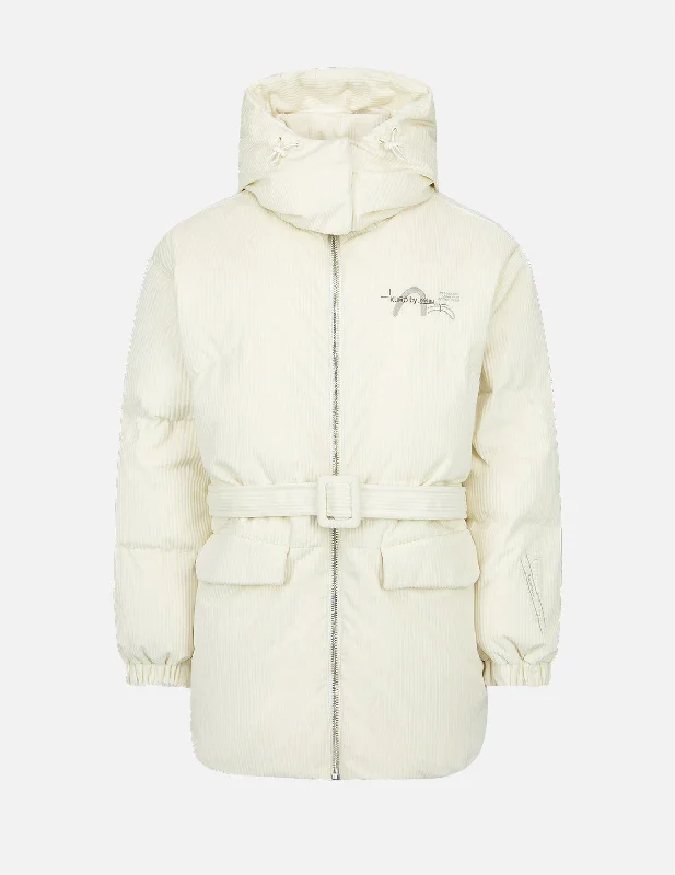 Seagull Embroidery Corduroy Belted Down Jacket