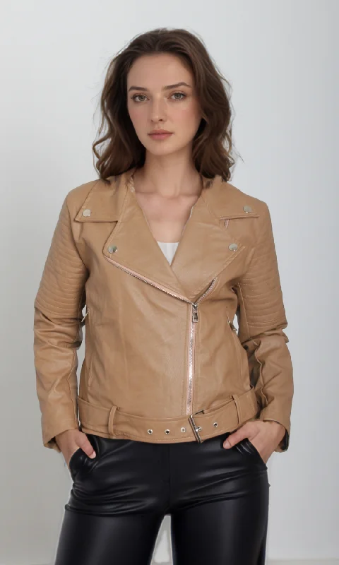 Women leather jacket -Belt on Hem (Café)