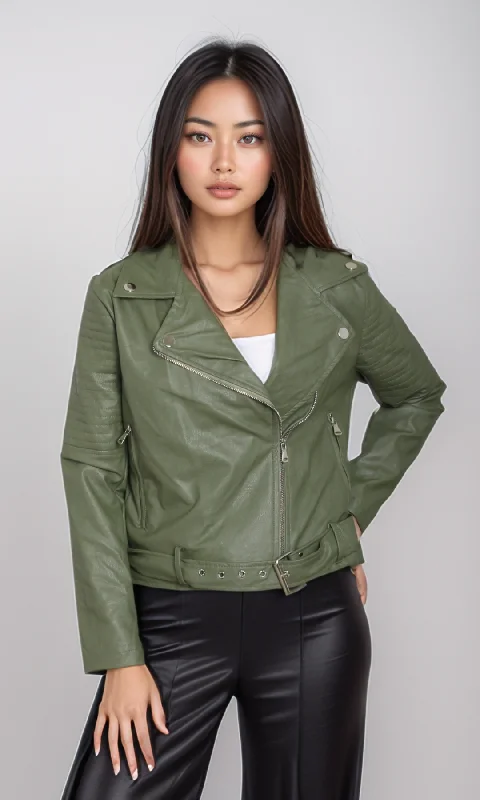 Women leather jacket -Belt on Hem (Oil Green)